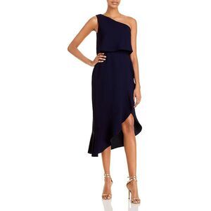 Aqua One-Shoulder Navy Asymmetrical Ruffle Dress